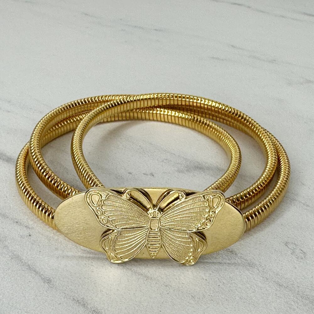 Vintage Womens Butterfly Gold Tone Coil Stretch Cinch Belt Small (S) ✨